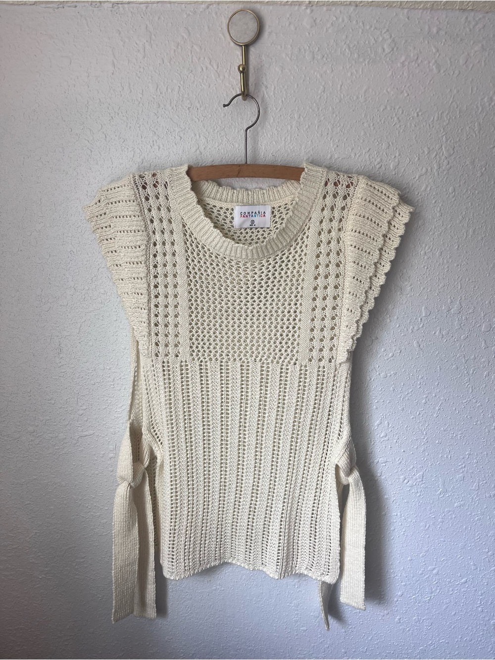 Openwork Cream Knit Sleeveless Sweater Top with Side Ties